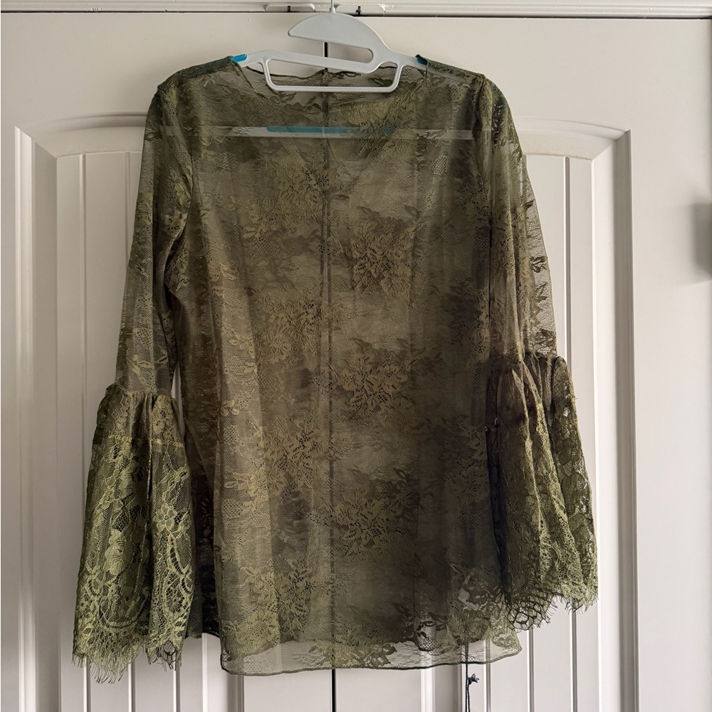 Jaded Gypsy Garden Tea Olive Lace Bell Sleeve Blouse